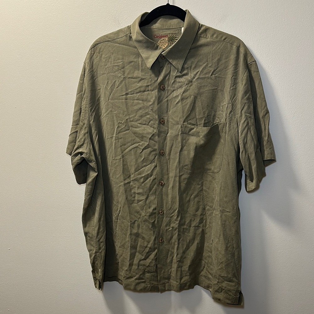Caribbean Men’s Green Floral 100%Silk Short Sleeve Button Shirt Sz XL